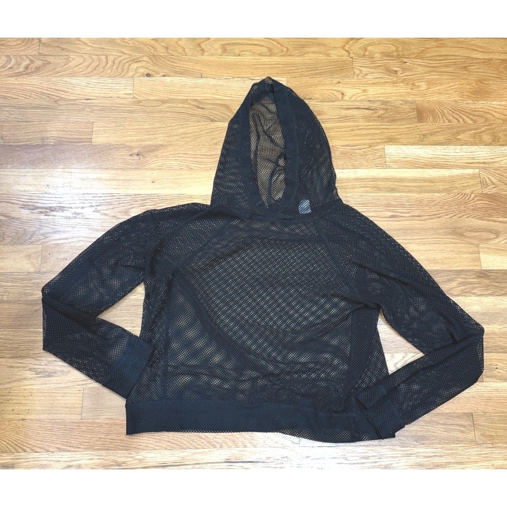ACTIV8 Womens Black Mesh Fishnet Hooded Pullover Top Size Large Activewear Layer